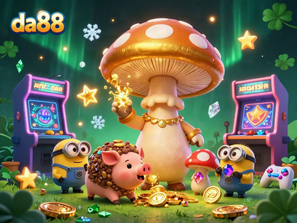 Experience the magic of da88 with a golden mushroom wizard and treasures in a vibrant casino scene.