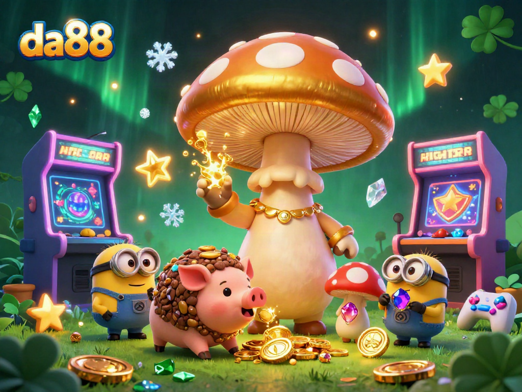 Experience the magic of da88 with a golden mushroom wizard and treasures in a vibrant casino scene.
