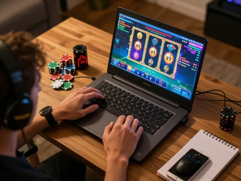 Player enjoying game nổ hũ online with laptop, chips, and notepad in cozy setting.