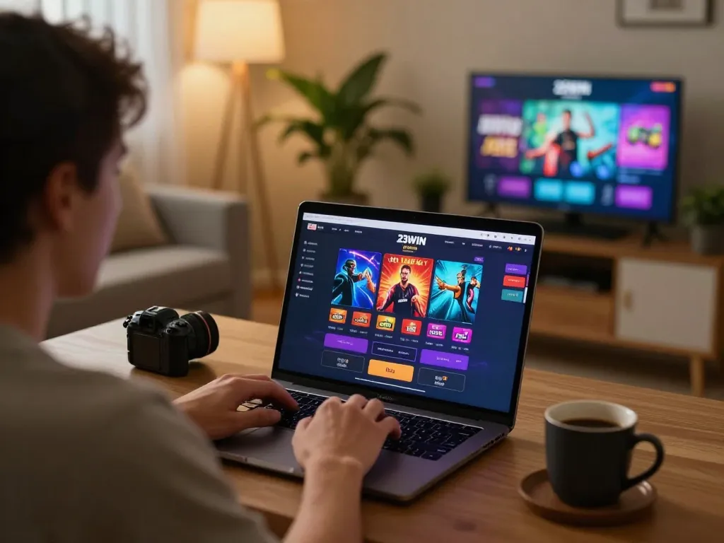 Engaged player using 23WIN online casino platform on laptop, showcasing exciting gameplay at home.