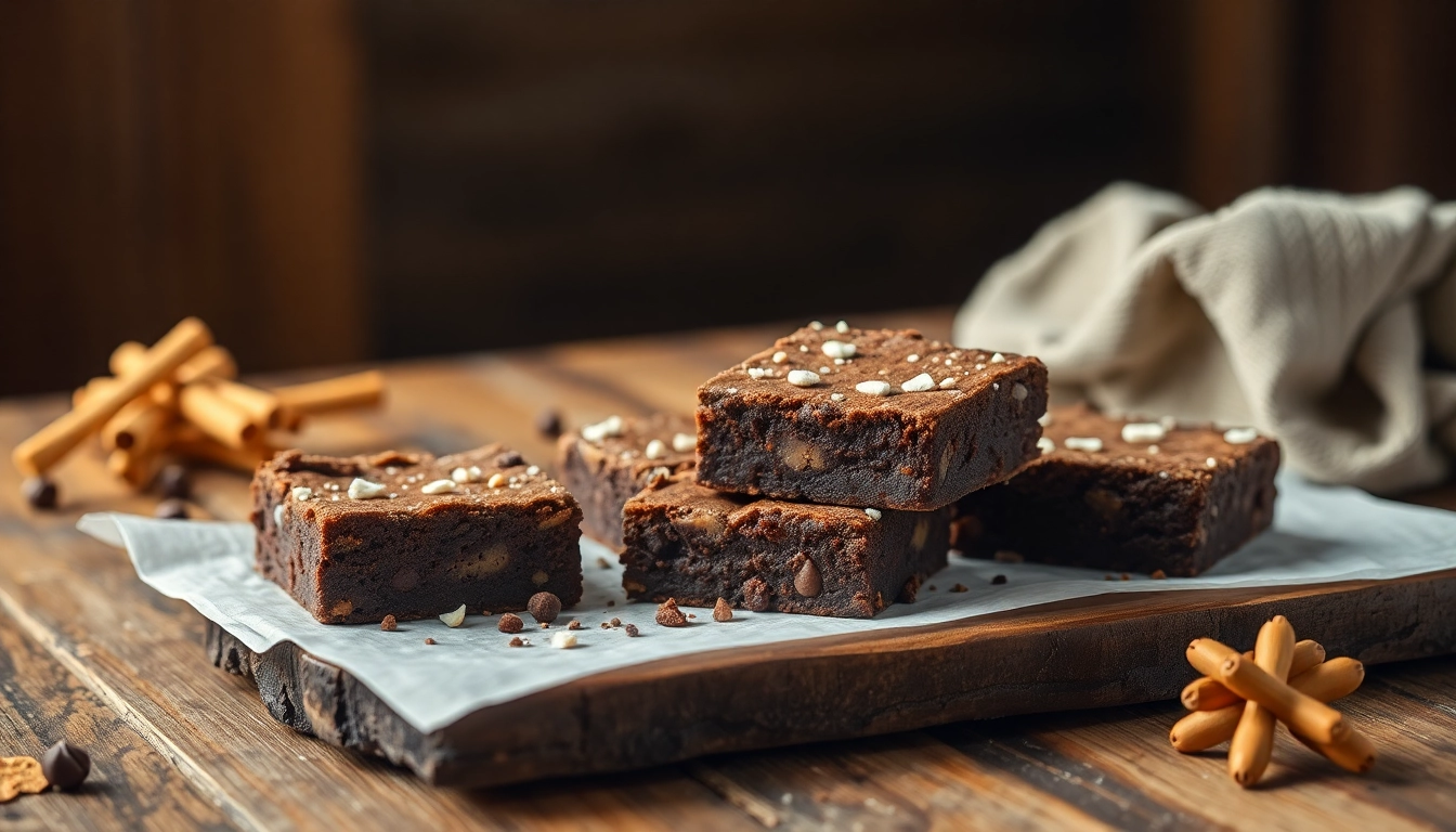 Leckere Hasch Brownies auf rustikalem Tisch, weich und schokoladig, für ein unwiderstehliches Dessert-Erlebnis.