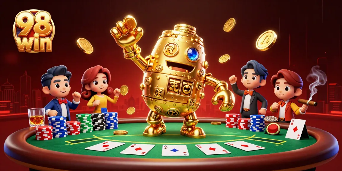Experience thrilling action with the 98 win golem surrounded by poker chips and community cards.