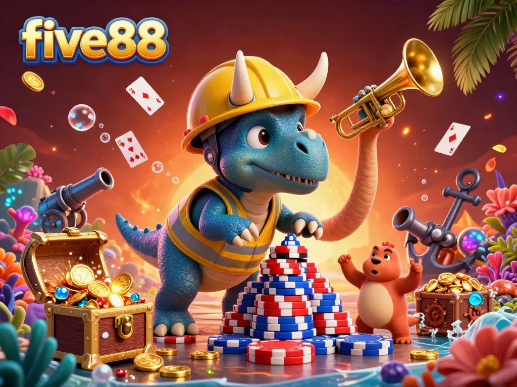 Experience the thrill of five88 casino gaming with a vibrant 3D scene of dinosaurs celebrating and building poker chip towers.