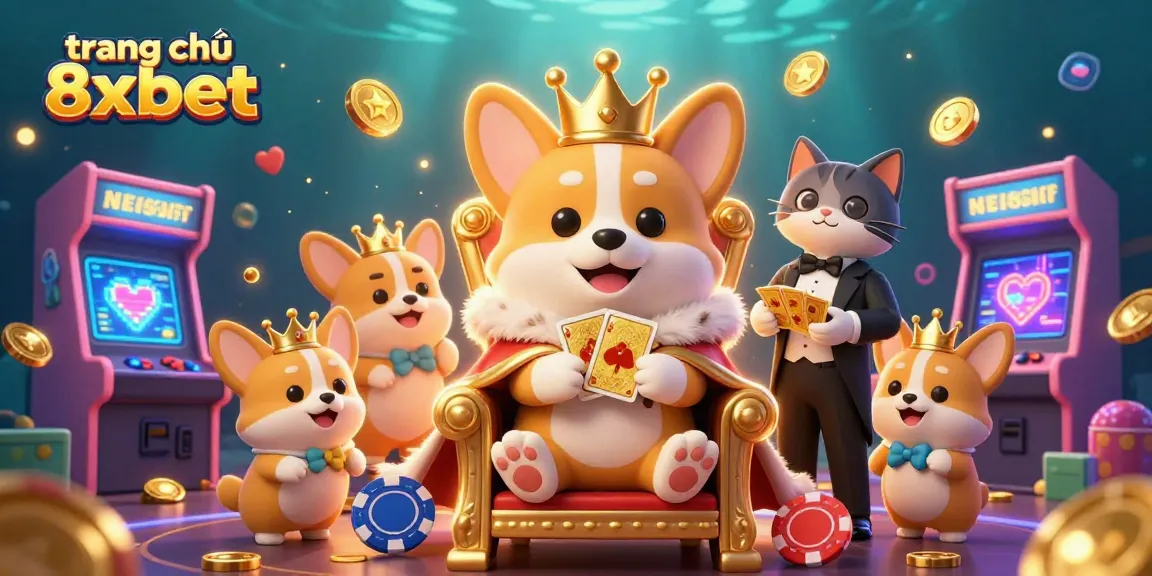 Experience the vibrant world of trang chủ 8xbet with a royal corgi on a poker chip throne.