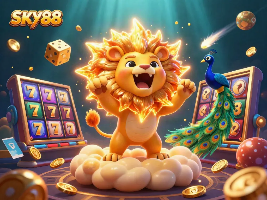 Experience thrilling gameplay at SKY88 with colorful slots, golden coins, and dynamic casino elements.