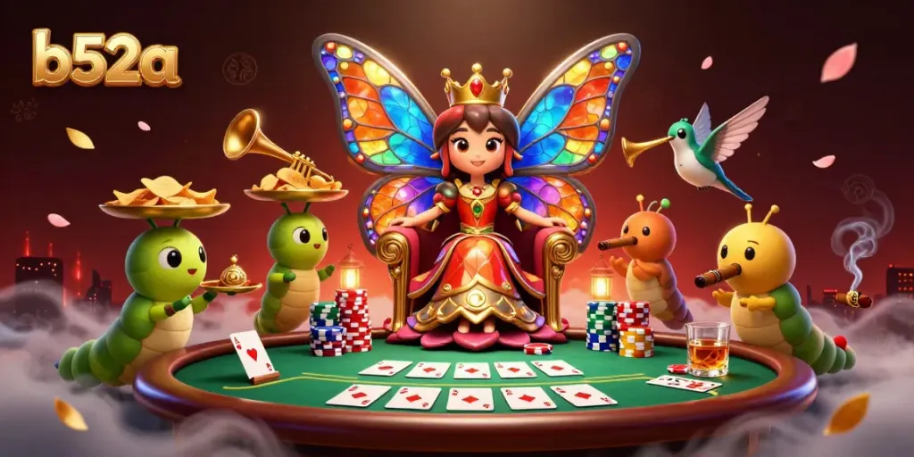 Experience gambling excitement with b52a, featuring a vibrant 3D butterfly queen at a poker table.