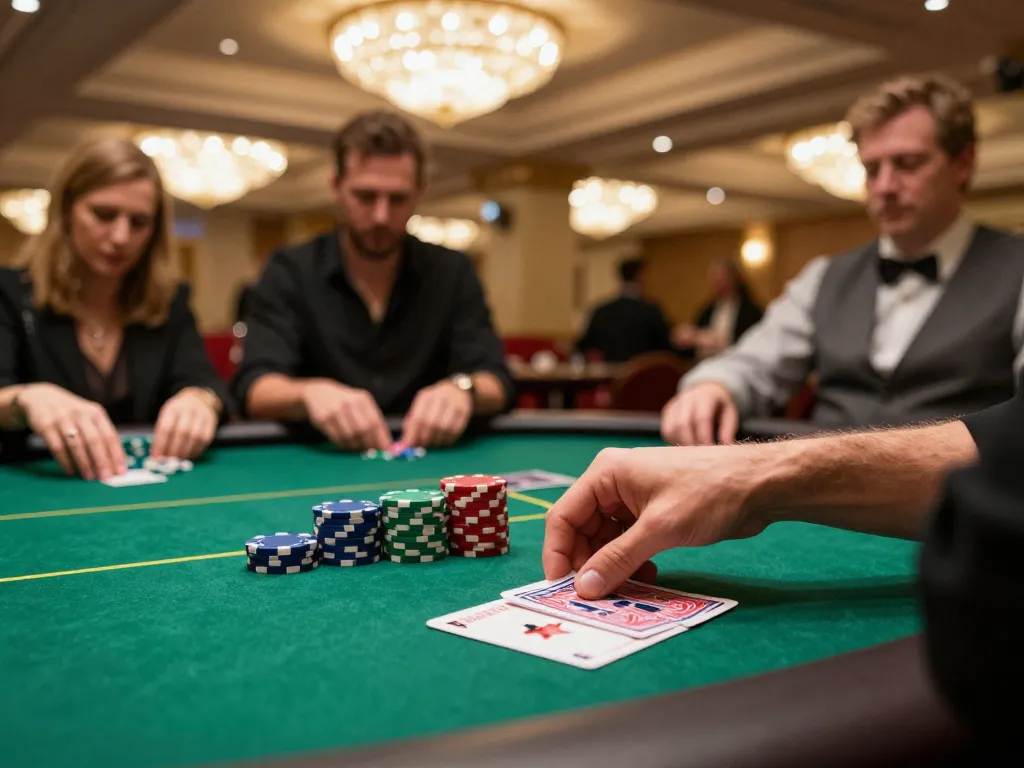 Player strategizing at the poker table in a luxurious casino setting, highlighting sunwin's thrilling atmosphere.