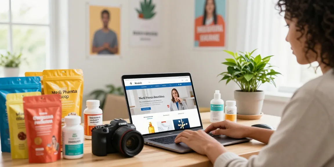 Kunde des Medi Pharma Shops stöbert in Gesundheitsprodukten online in einem gemütlichen Homeoffice.