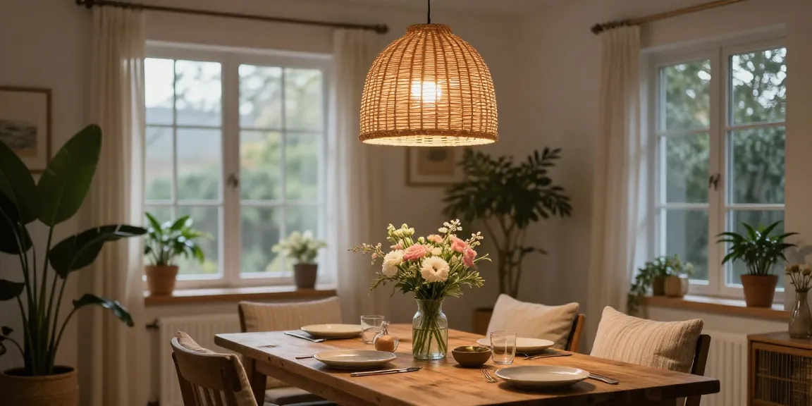 Stilvolle Rattan Pendelleuchten, die einen gemütlichen Essbereich mit natürlichem Licht und floraler Dekoration beleuchten.