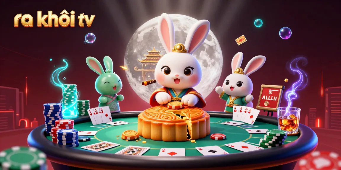 Bet big with ra khơi tv as the moon rabbit deals poker chips amidst gaming elements.