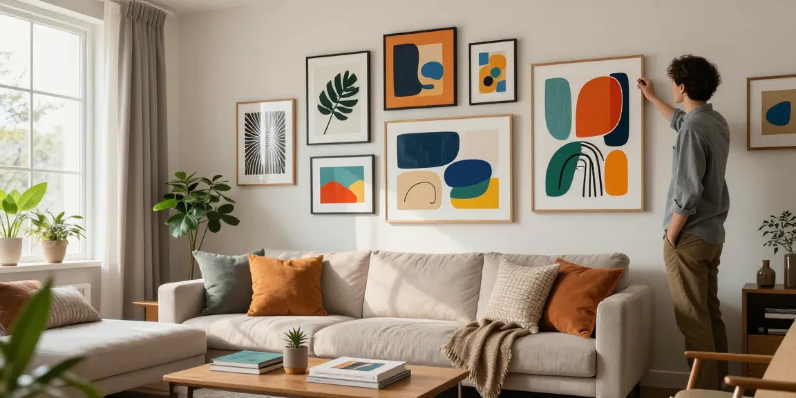 Wandbilder im modernen Wohnzimmer, lebendige Farben und stilvolles Design.