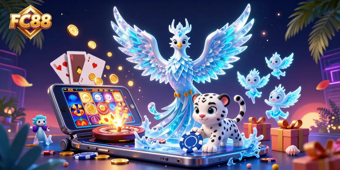 Experience thrilling gaming with FC88, a vibrant illustration featuring ice phoenix and poker fun.