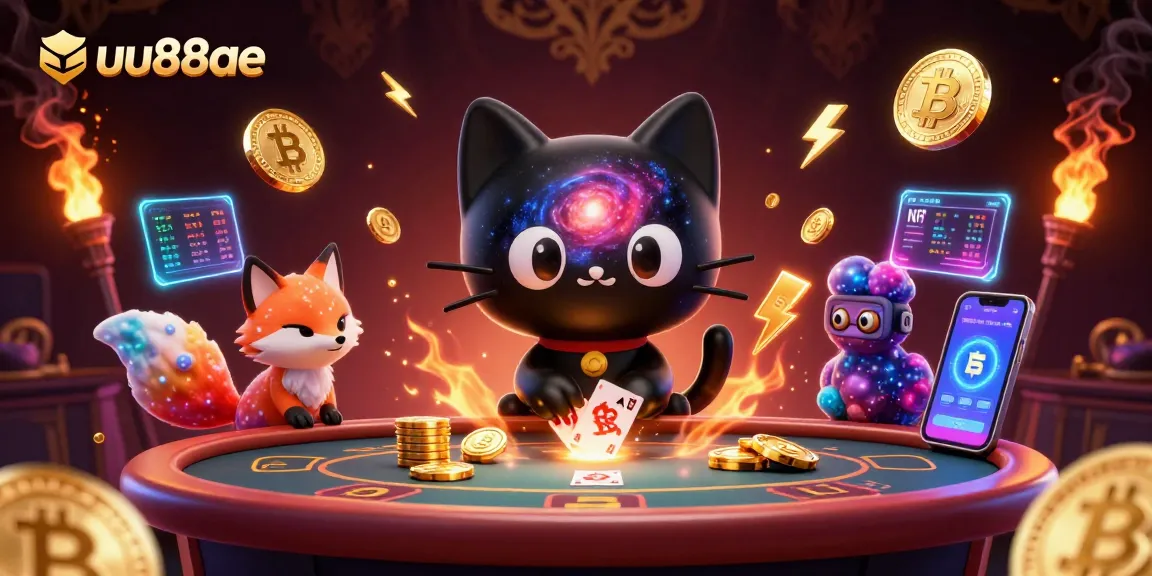 Join the cosmic fun at uu88ae as the black hole cat pulls in golden chips and cards in a vibrant casino.