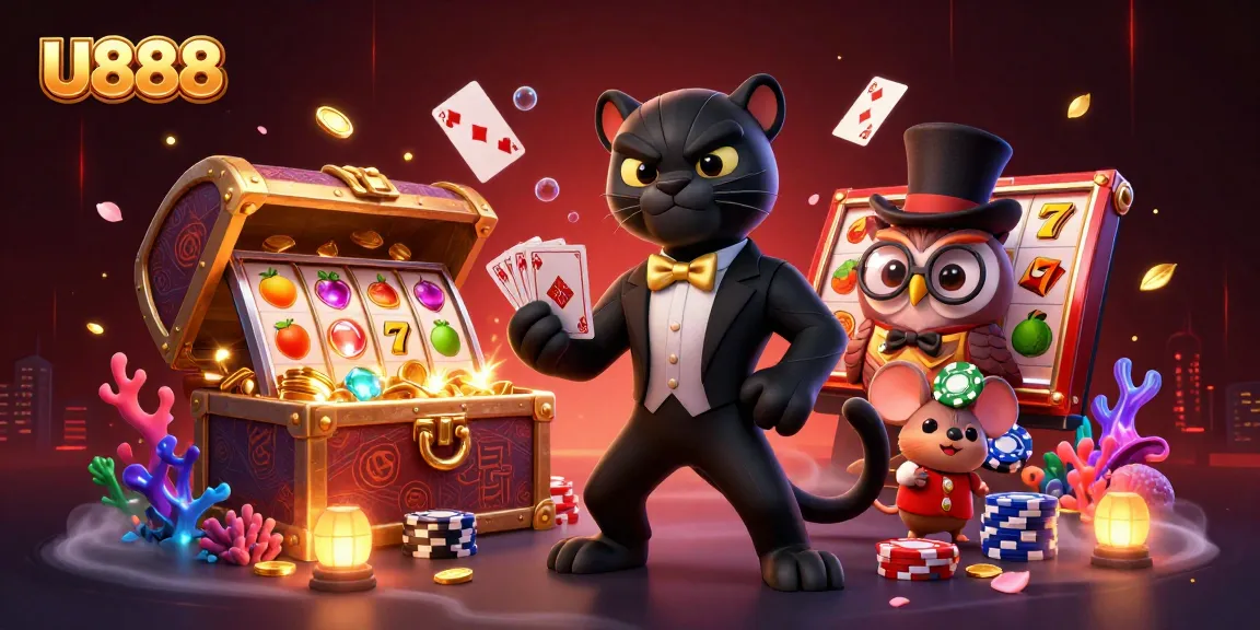 U888 captivates gamblers with a stylish panther dealing cards amidst vibrant casino elements.