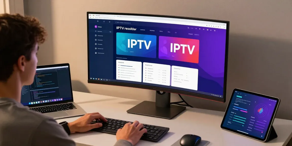 "Iptv reseller dashboard on a modern tech workspace, illustrating advanced cloud computing and SaaS solutions."