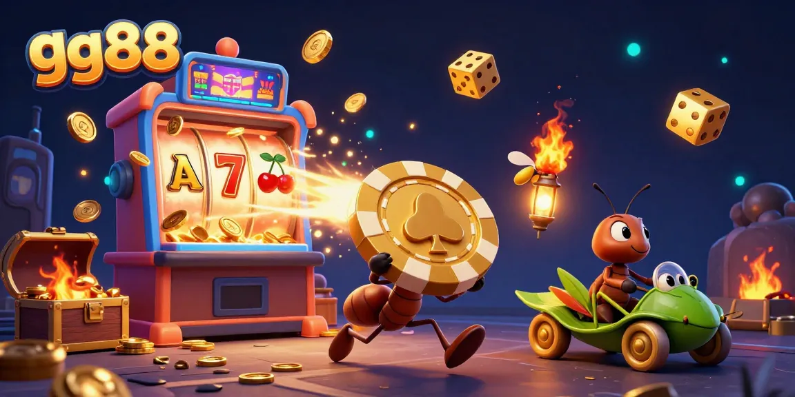 Experience the exciting heist of ants carrying a golden poker chip in gg88's lively casino illustration.