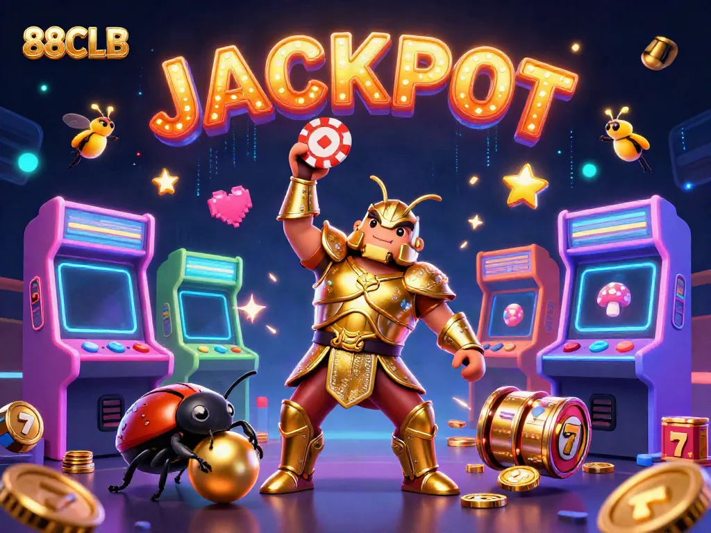 A 3D vivid scene showcasing 88CLB's lively casino environment with a hercules beetle celebrating a jackpot.