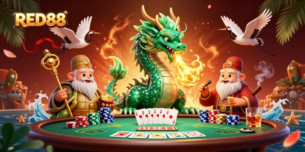 Join the excitement at RED88, where a massive emerald dragon and lucky cranes symbolize fortune in dynamic gaming.