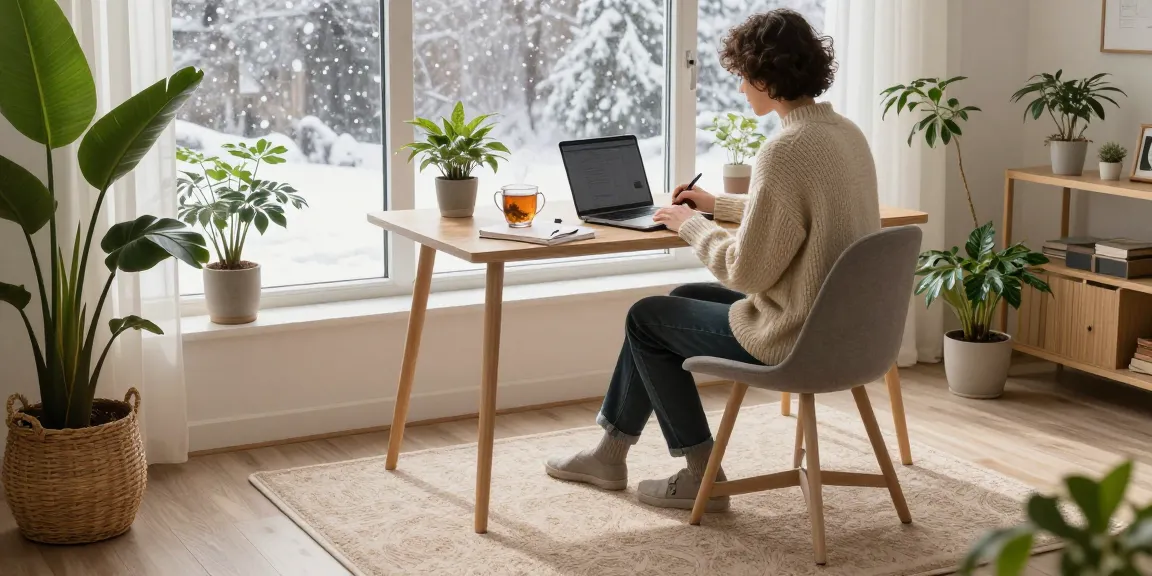 Wärmer Heizteppich (heizteppich) in einem gemütlichen Home Office, perfekt für einen Arbeitstag im Winter.