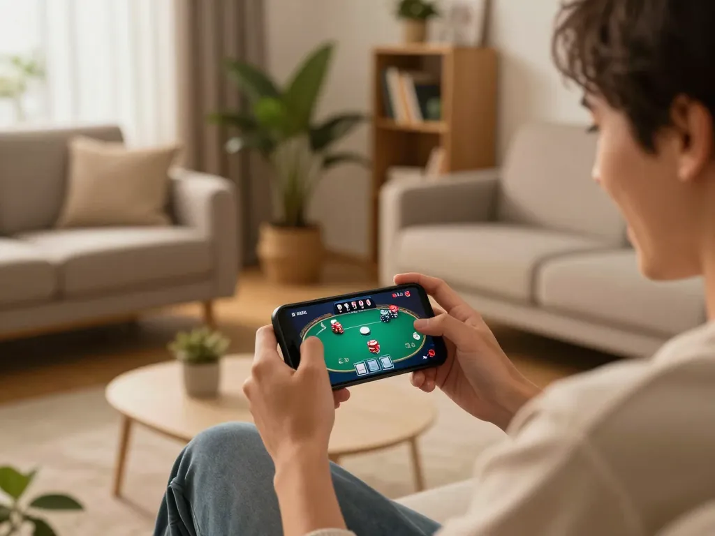 Sao789 player enjoying a mobile casino game on smartphone in a cozy home setup