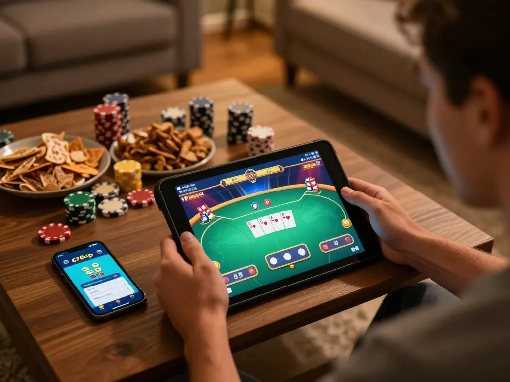 An engaging home gaming scene featuring online poker on 678vip app with cozy decor and snacks