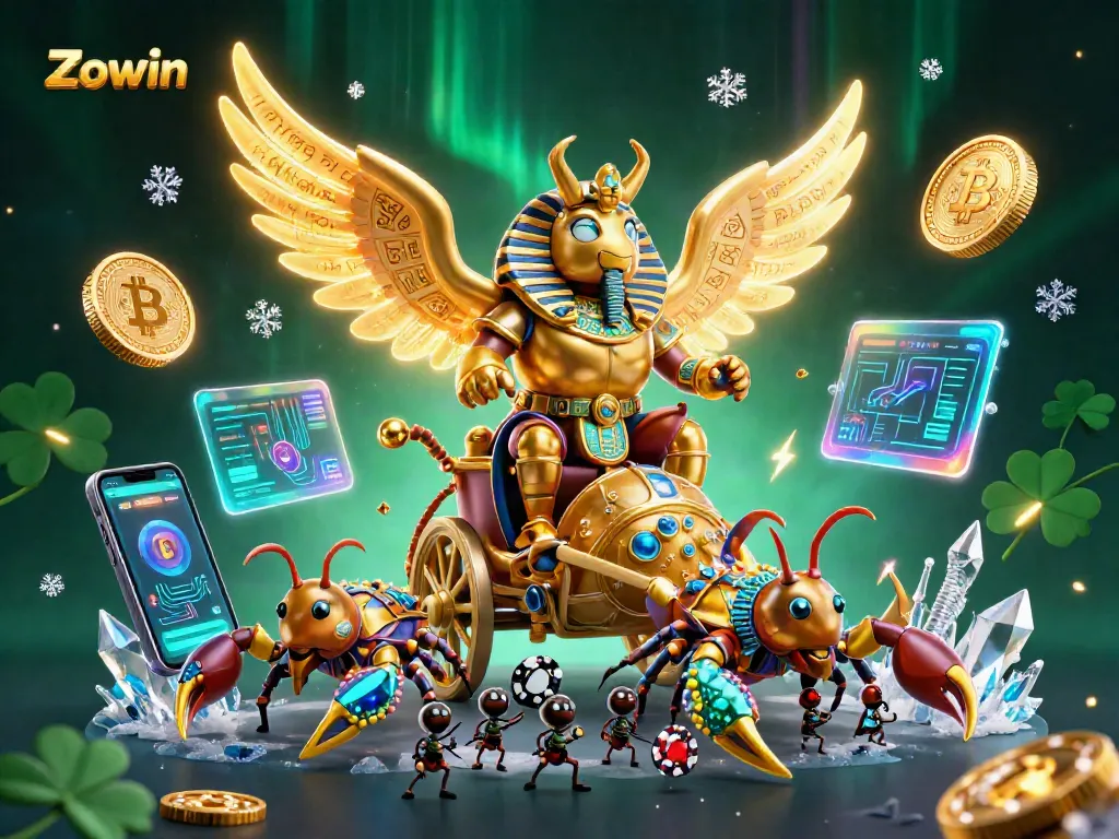 Zowin engages players with a vibrant casino experience featuring a golden scarab and poker challenges.
