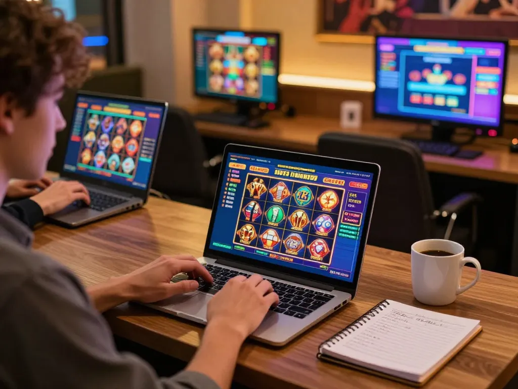C168 player strategizing online poker game at a stylish home setup with notebook and coffee.
