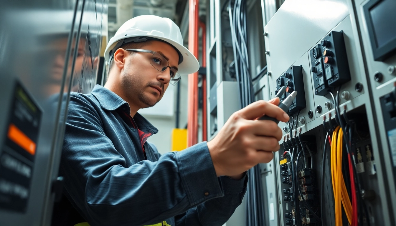 Prüfung ortsfester elektrischer Anlagen durch einen Ingenieur in einer modernen Industrieumgebung.