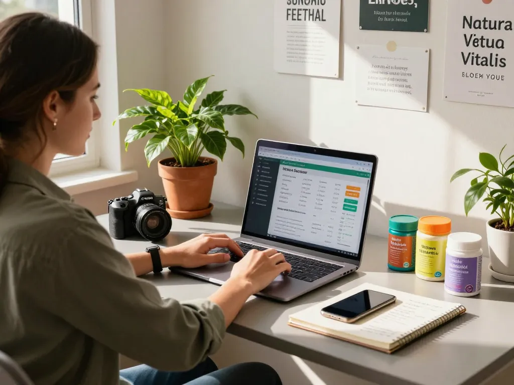 Individuum, das passives Einkommen in einem lebhaften Home-Office mit Natura Vitalis Produkten und einem Laptop, der Verkäufe anzeigt, aufbaut.