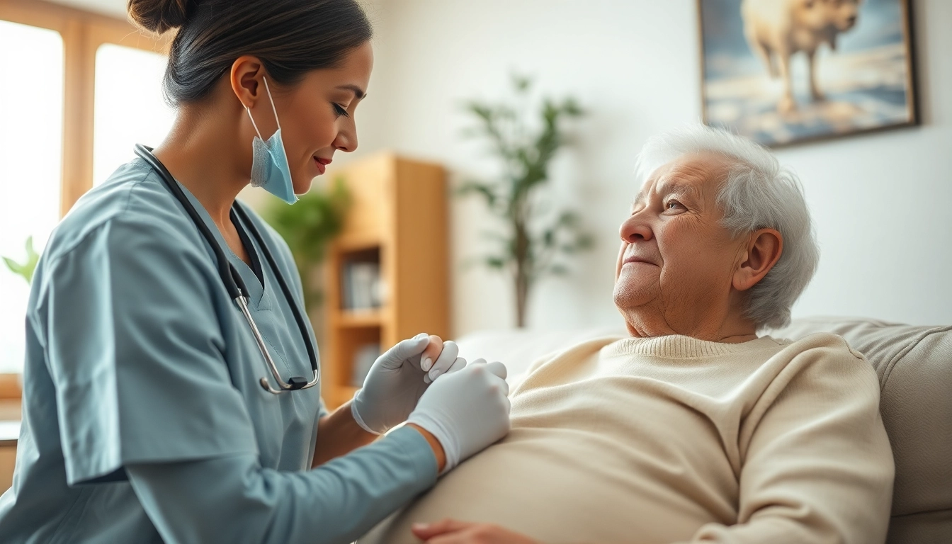 Intensivpflege Frankfurt: Pflegekraft betreut einen älteren Patienten in einem gemütlichen Zuhause.