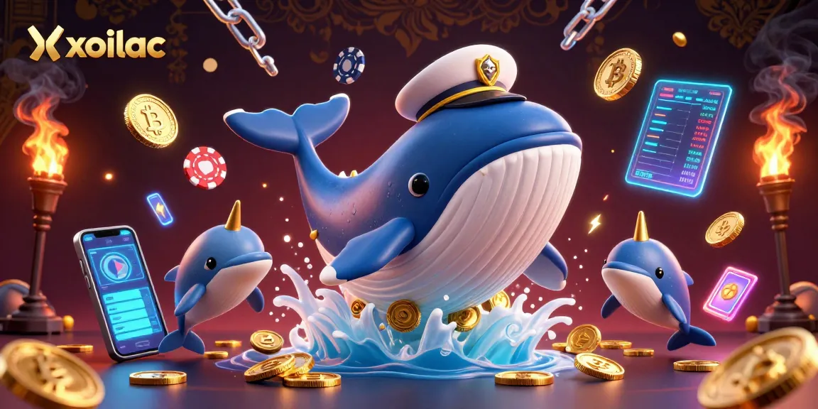 Xoilac players having fun with a whale, narwhal, and dolphins in a vibrant casino-themed sea of coins