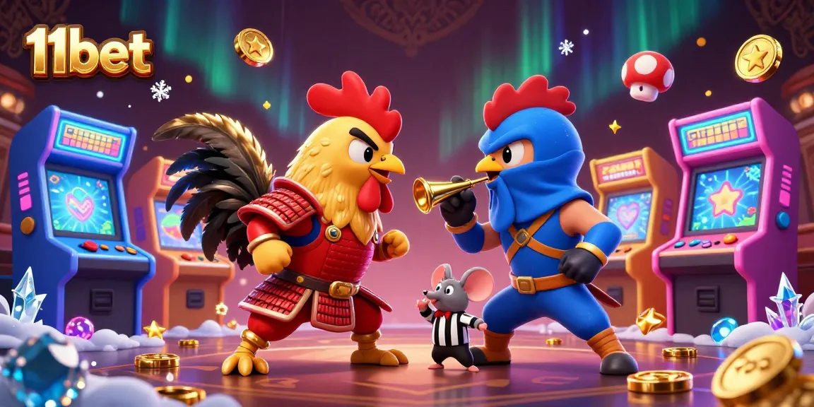 Engage in thrilling gameplay with 11bet as roosters face off amidst colorful arcade machines and casino elements.