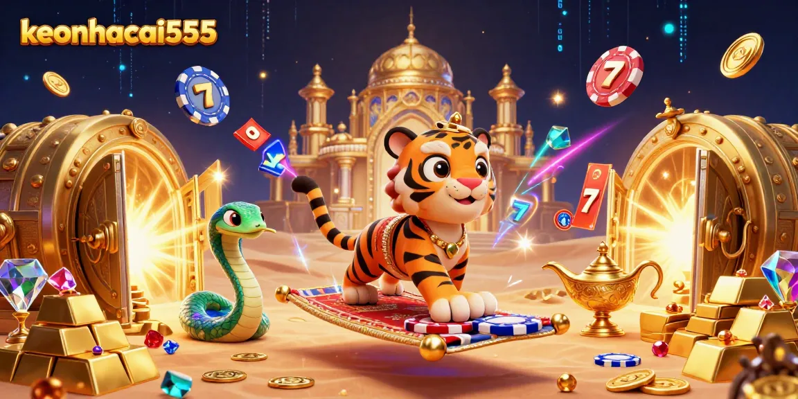 Engage with keonhacai555's vibrant slots experience featuring a tiger sultan amidst golden treasures.