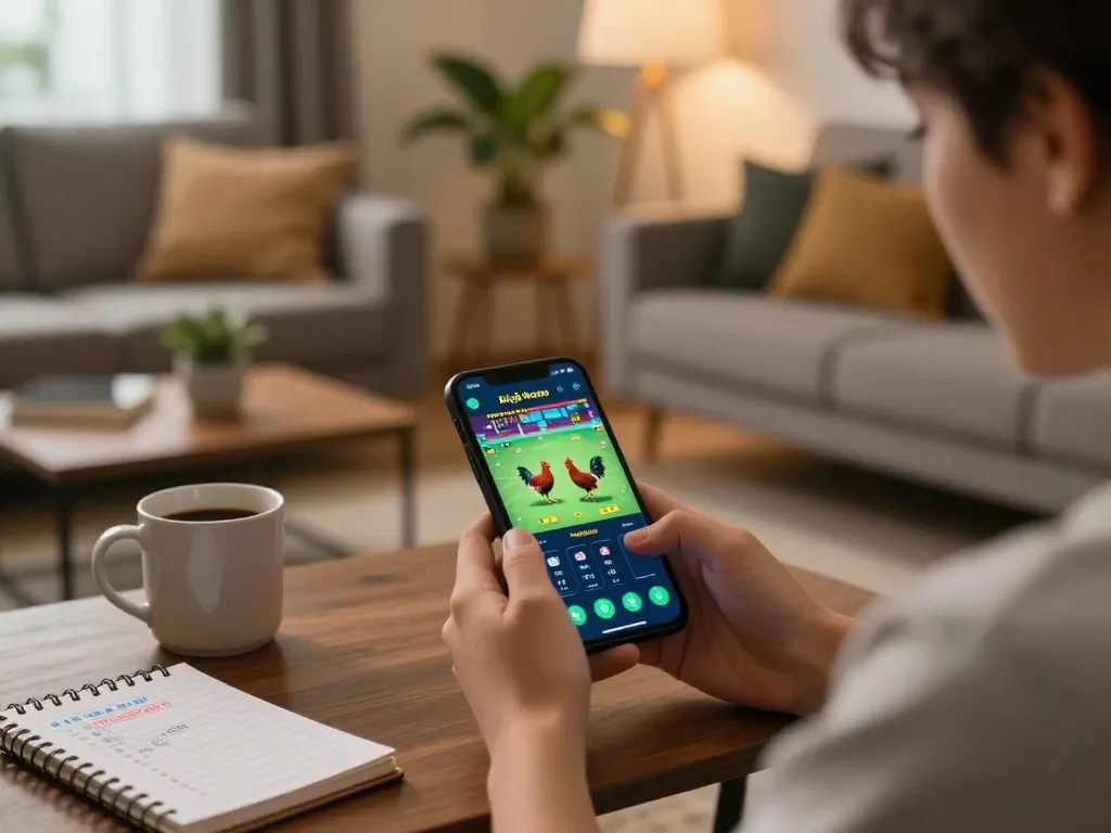 Exciting Đá gà thomo mobile gaming scene featuring a user engaged with live rooster fights on their smartphone.