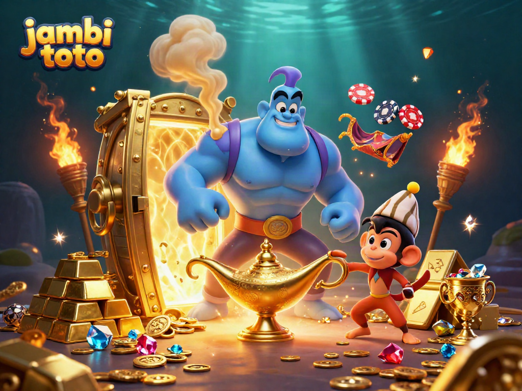 Experience thrilling gameplay with jambi toto as a genie emerges from a lamp amidst a treasure-filled scene.