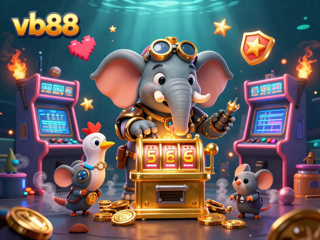 Engage with vb88 as the steampunk elephant operates a vibrant golden slot machine amidst colorful gaming elements.
