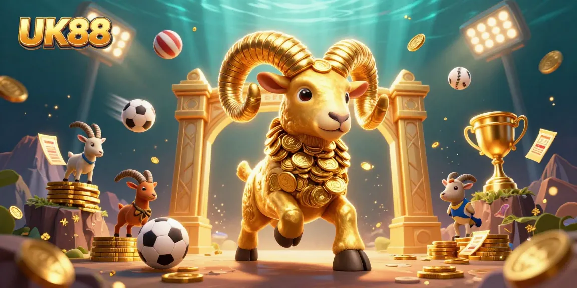 Bet on UK88 with a striking 3D illustration showcasing a golden ram bursting through a gate adorned with sports elements.