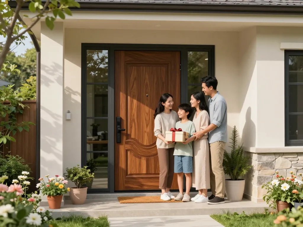 Moderne Haustür mit Familie am Hauseingang, einladende Atmosphäre und stilvolles Design.