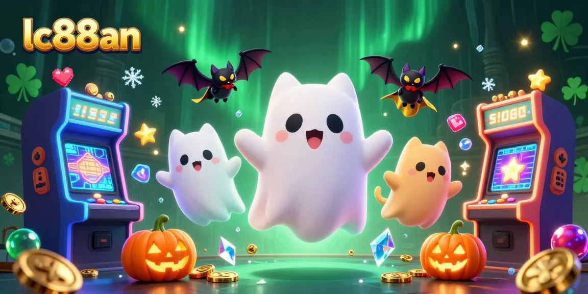 Engage in thrilling gaming at lc88an with a friendly ghost cat, virtual casino elements, and vibrant visuals.