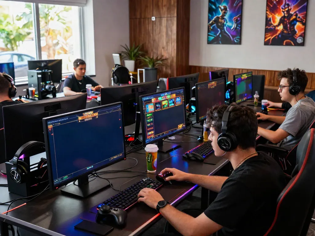 Enthusiastic gamers enjoying rokok88 slot games in a modern gaming room with vibrant lights and colorful displays.