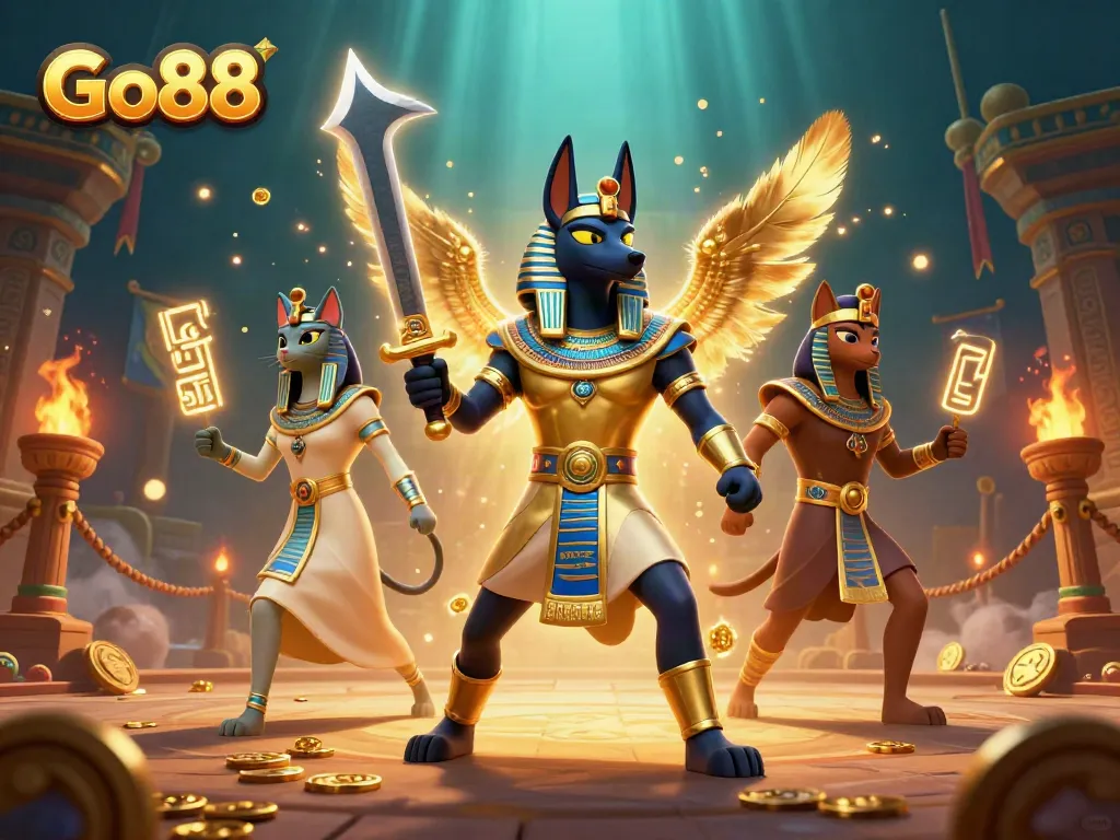 Engage with Go88's exciting casino world featuring Anubis and Bastet amid a thrilling arena.