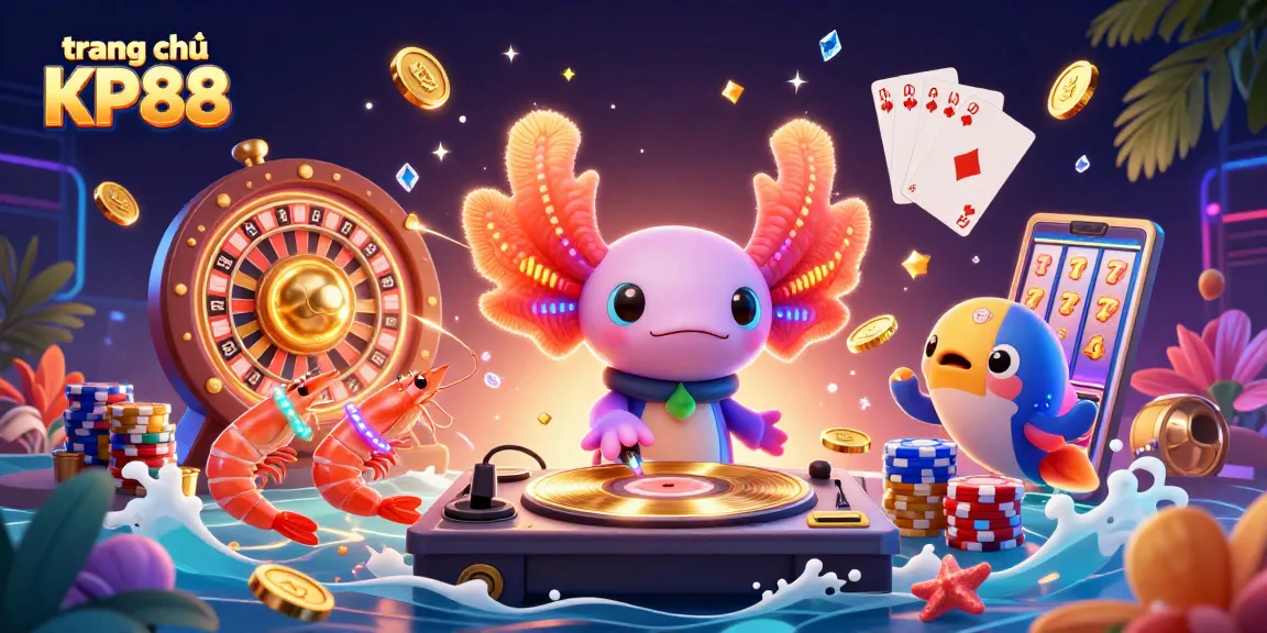 Experience dynamic gaming at trang chủ KP88 with neon-colored axolotl DJ and vibrant casino elements.