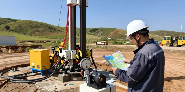 Geothermie Kosten: Techniker untersucht Bohrstelle für Geothermie mit Geräten in ländlicher Umgebung.