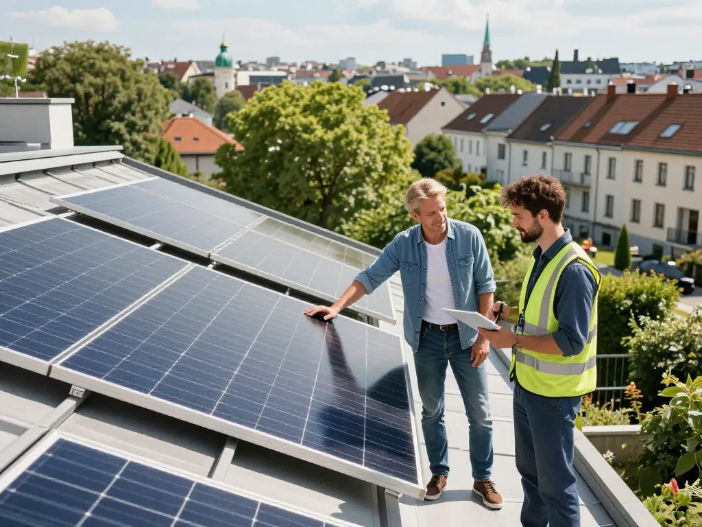 Einer der Solar Wien-Hausbesitzer inspiziert Solarplatten mit einem Techniker auf einem sonnigen Dach.