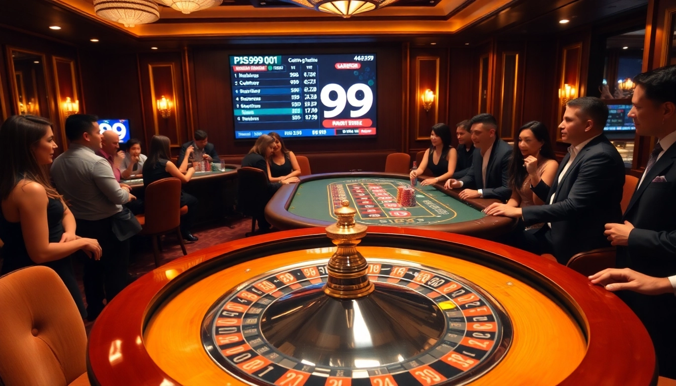 Excited players at PS99's luxurious roulette and poker tables in a vibrant casino.