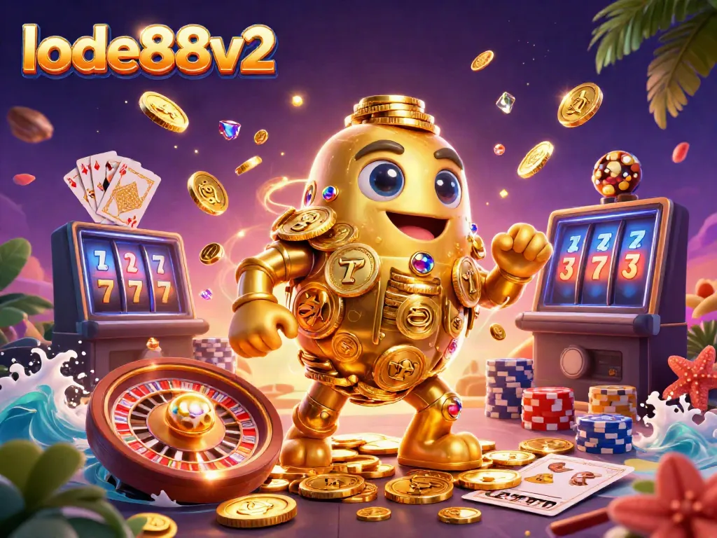 Win big with lode88v2 in this dynamic 3D carnival of casino excitement featuring animated gold and jewels.