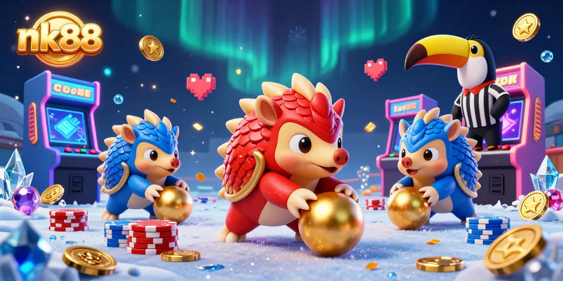 nk88 pangolins bowling through poker chips in an exciting online casino scene filled with vibrant game elements.