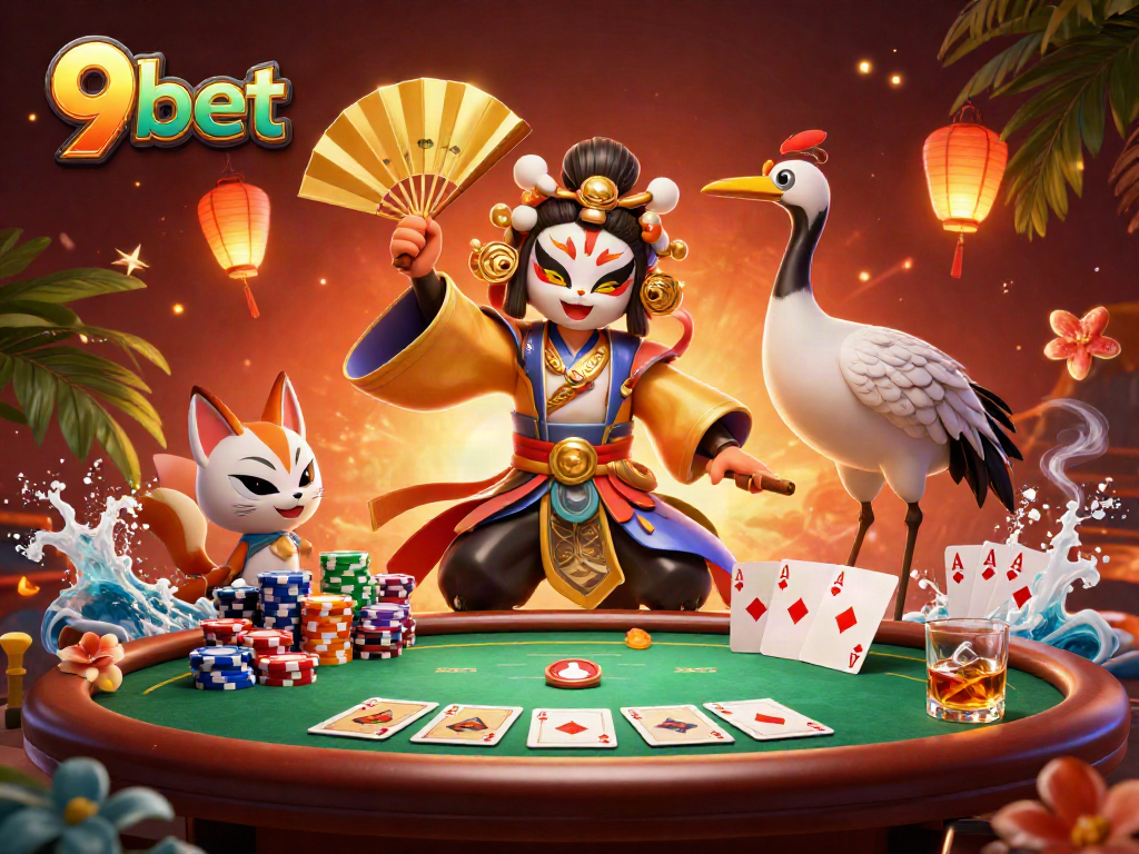 Experience thrilling poker action with 9bet's dynamic scene featuring a kabuki warrior and kitsune.