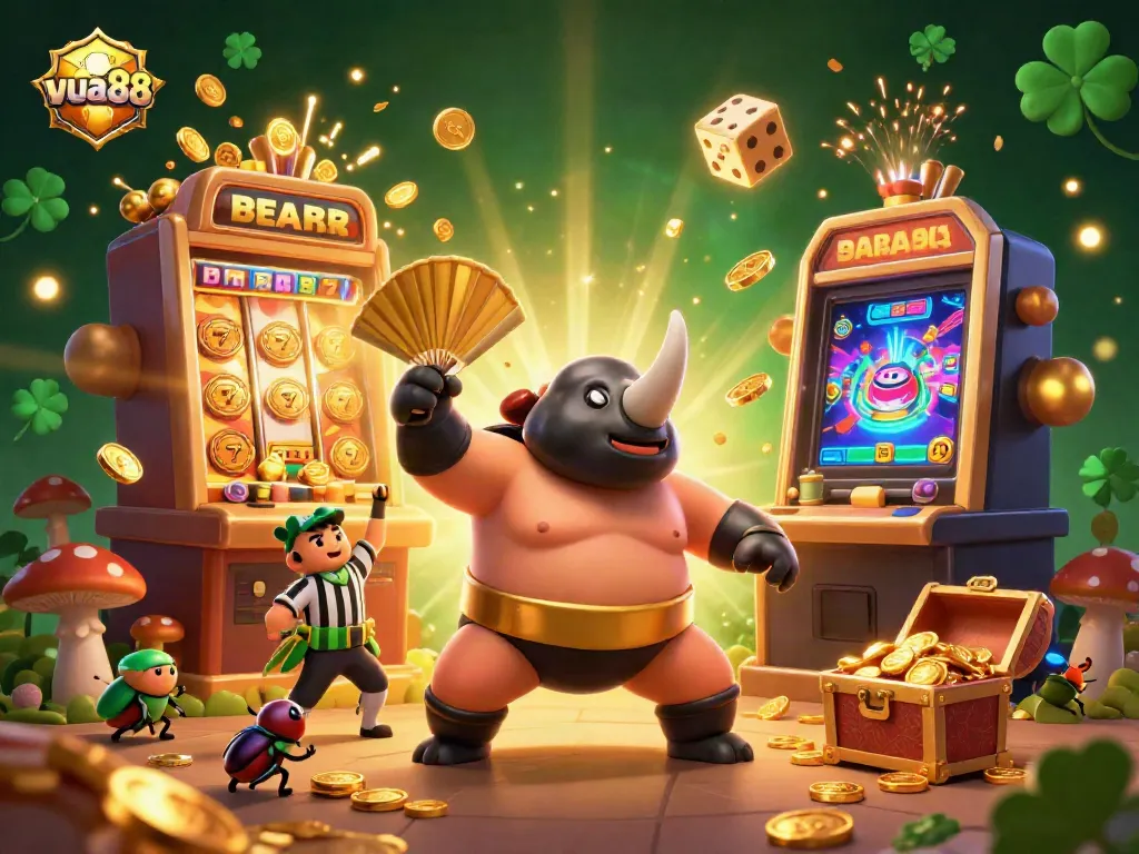 Experience the power of vua88 as the sumo champion beetle stomps out golden coins in a vibrant casino scene.