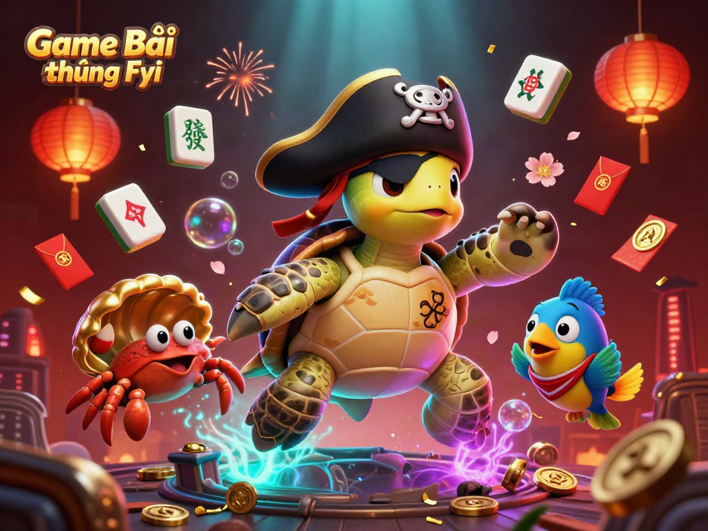 Engage with Game Bài Đổi Thưởng Fyi, featuring vibrant 3D cartoon characters celebrating a treasure hunt.
